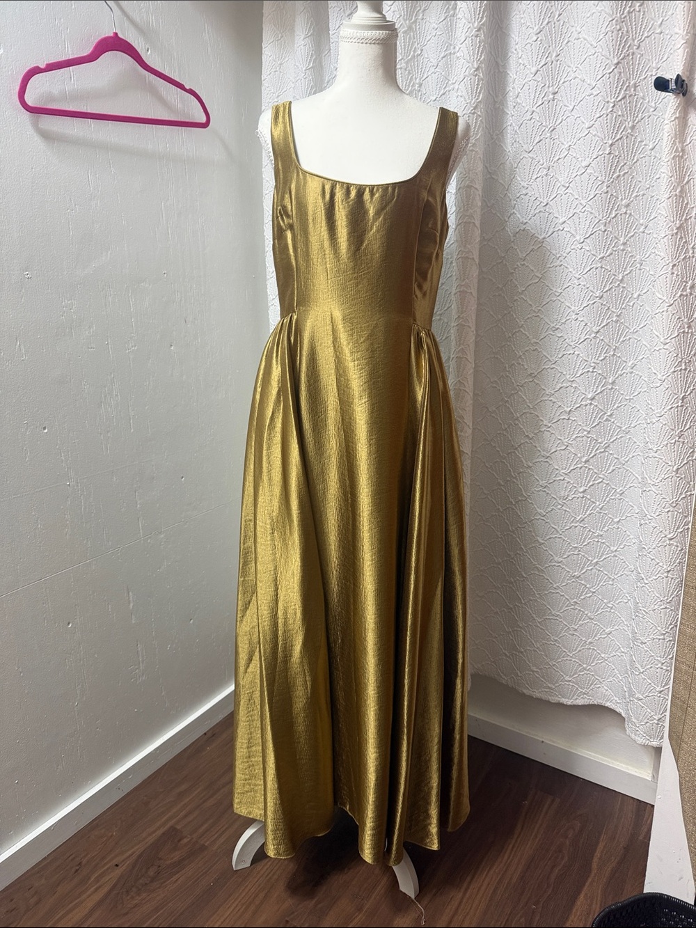 ANTONIO MELANI Metallic Gold Maxi Dress with Scoop Neck